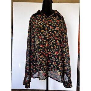 Vintage Floral Chiffon Button Up Shirt Women's Sheer Blouse Top Casual Boho